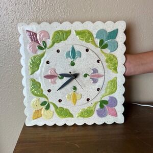 Vintage 1960s Ceramic Clock French Country Cottage Core Hand Painted Folk Art